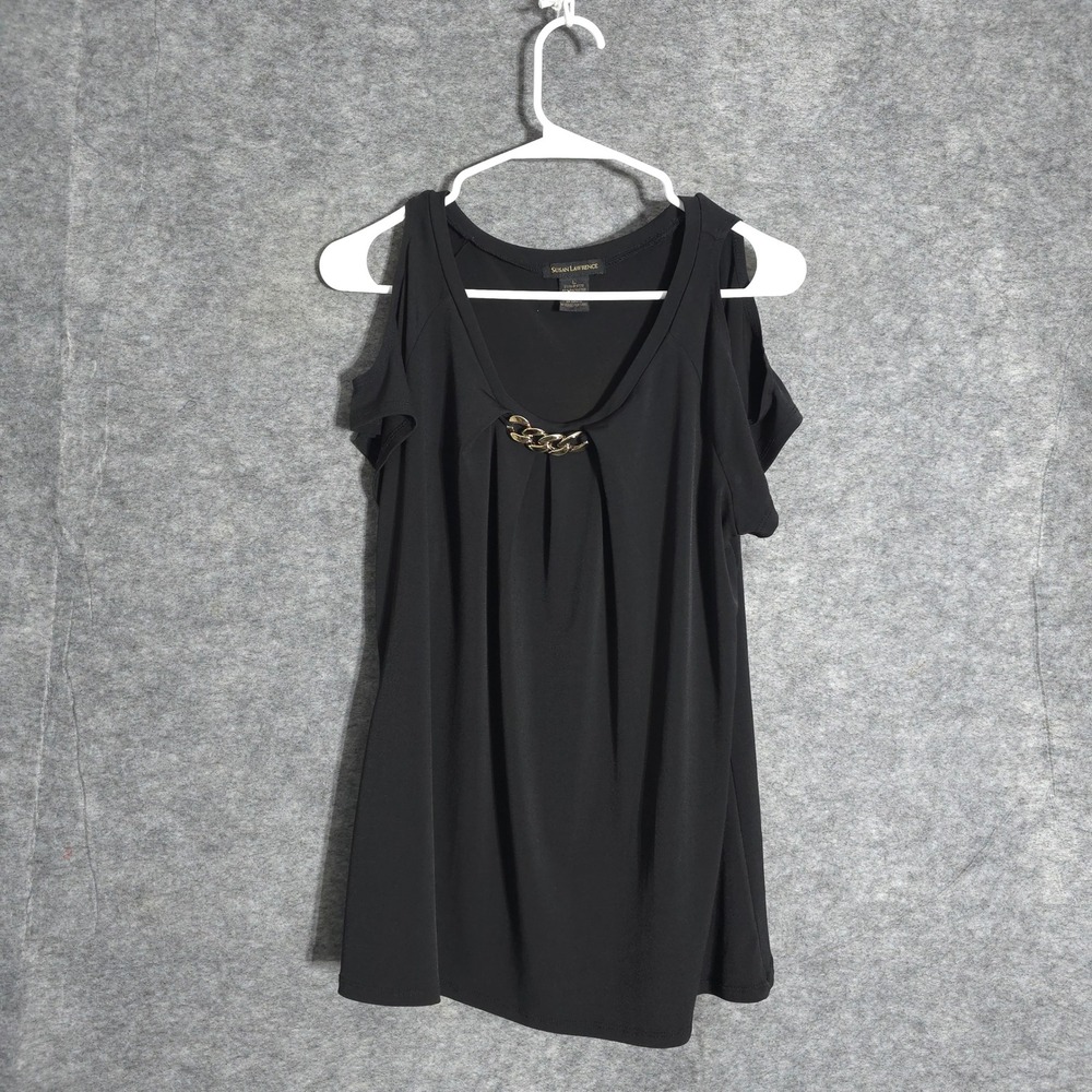 Susan Lawrence Cold Shoulder Women L‎ Black Chain Neck Blouse 9770 Short Sleeve